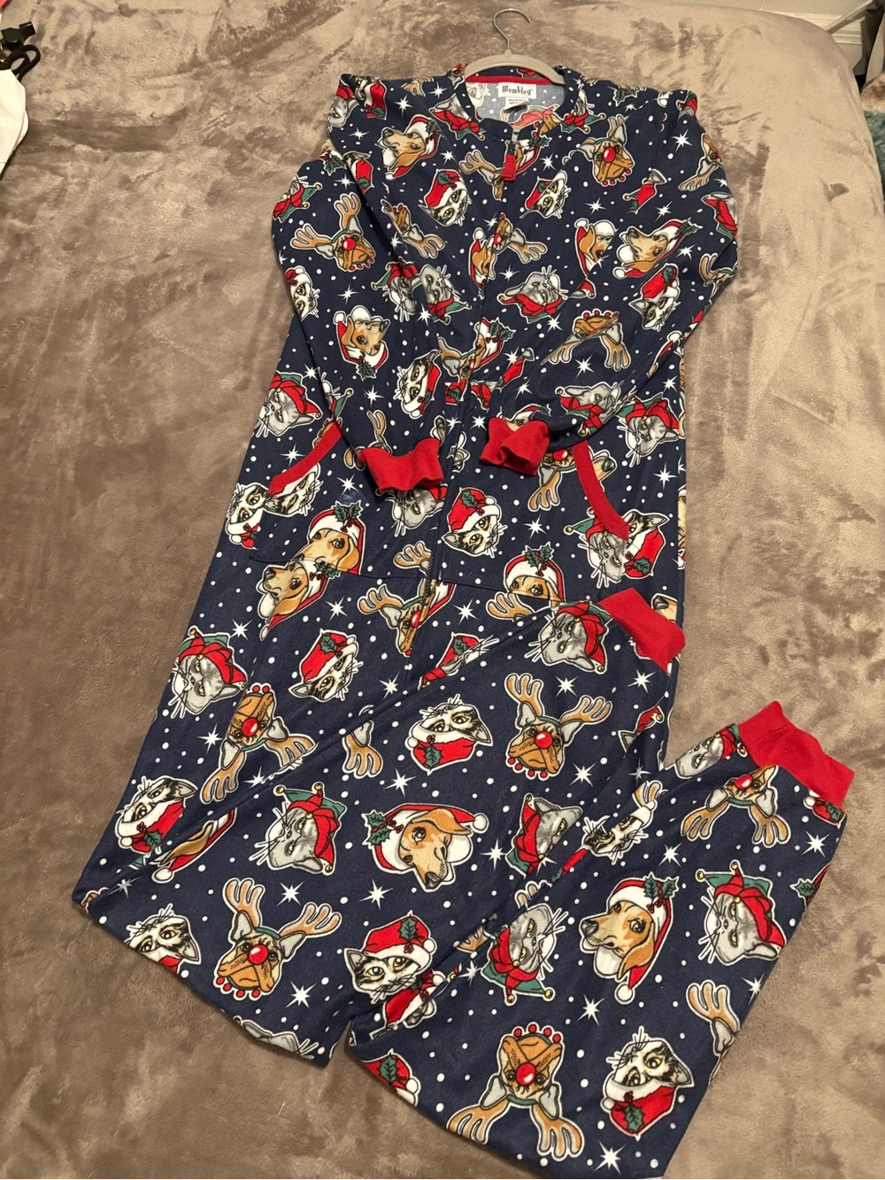 Wembley Men’s Navy Holiday Dog & Reindeer Pajama Set with Red Trim